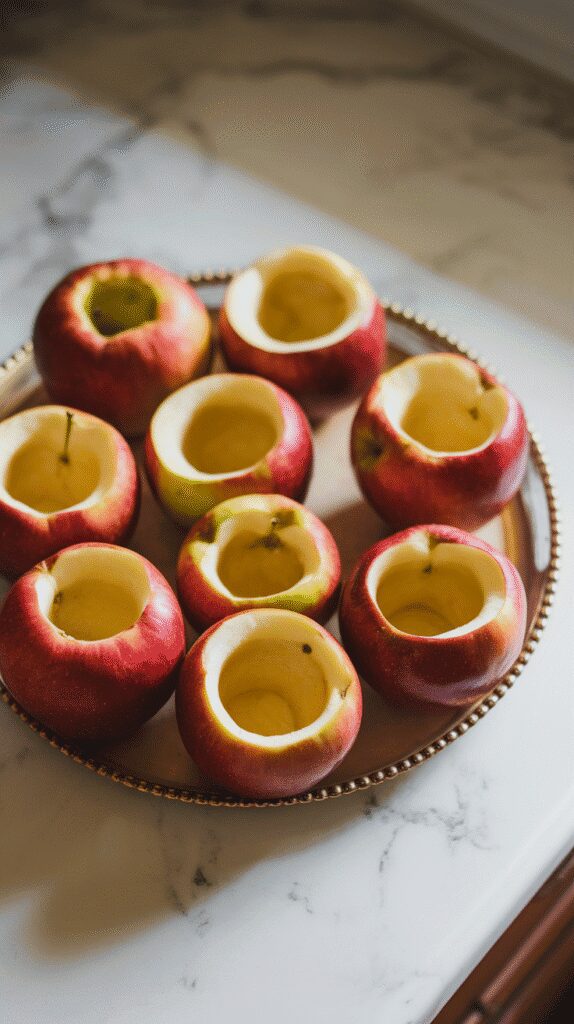 our medium apples with tops sliced and cores scooped out using a melon baller, insides hollowed clean but bottoms intact, ready for filling, set on white marble counters with hints of gold