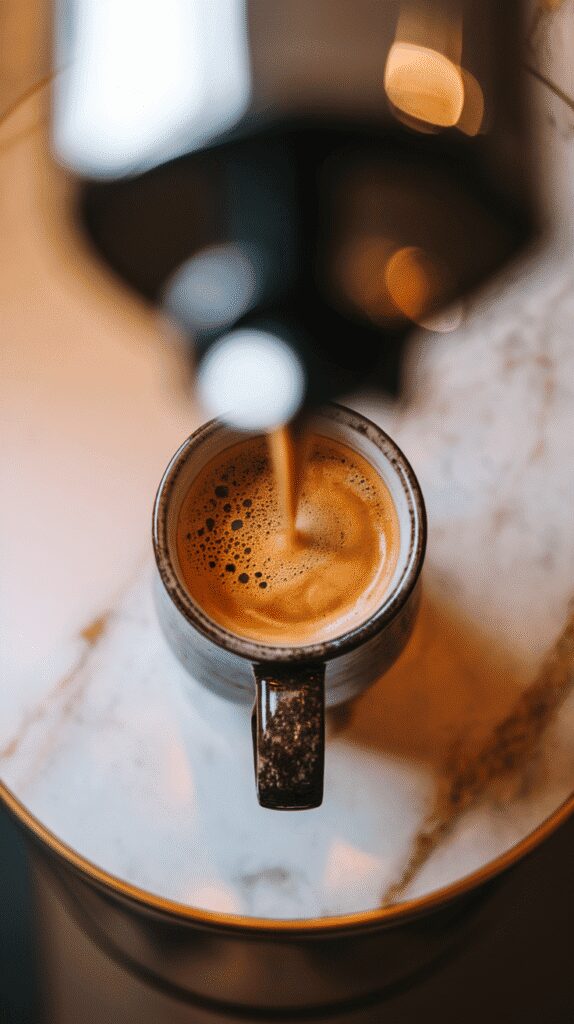 fresh espresso with rich crema poured into a ceramic mug, warm brown and golden tones, slight steam rising, deep color and smooth surface, set on white marble counters with hints of gold