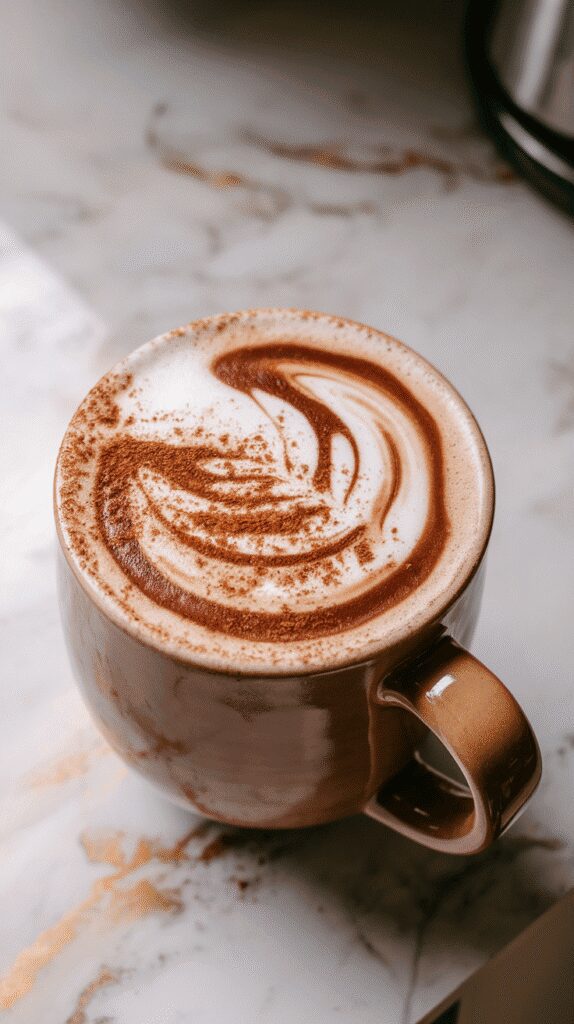 a ceramic mug filled with Chocolate Chai Dirty Latte, smooth milk foam swirled with melted chocolate, topped with a pinch of cinnamon and optional whipped cream, rich dark tones visible beneath