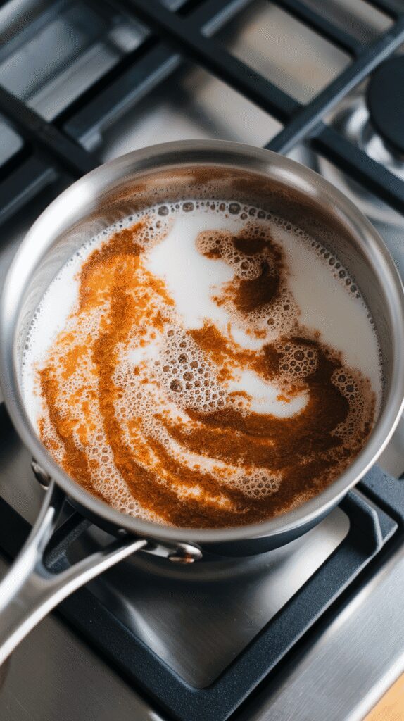 a saucepan with milk, brown sugar melting in, and cinnamon swirling into the mixture, small bubbles forming around the edges