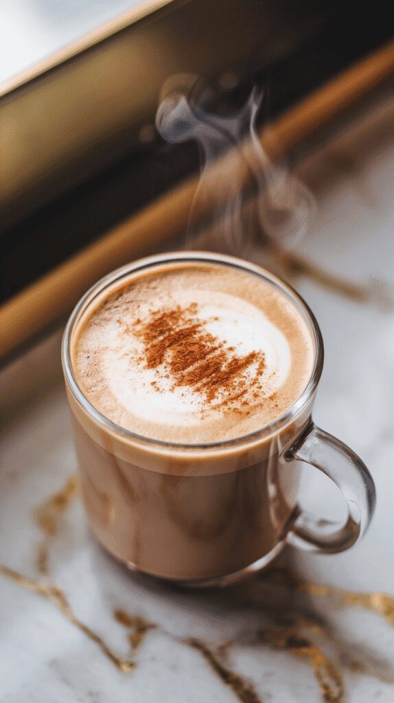 a clear glass mug filled with cinnamon brown sugar latte, topped with whipped cream and a dusting of cinnamon