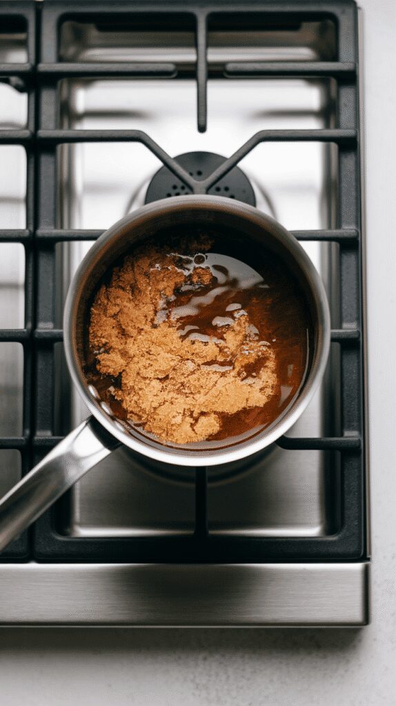 a small saucepan with brown sugar, ground cinnamon, and water melting together into a syrupy texture, on a modern stainless steel gas stove,