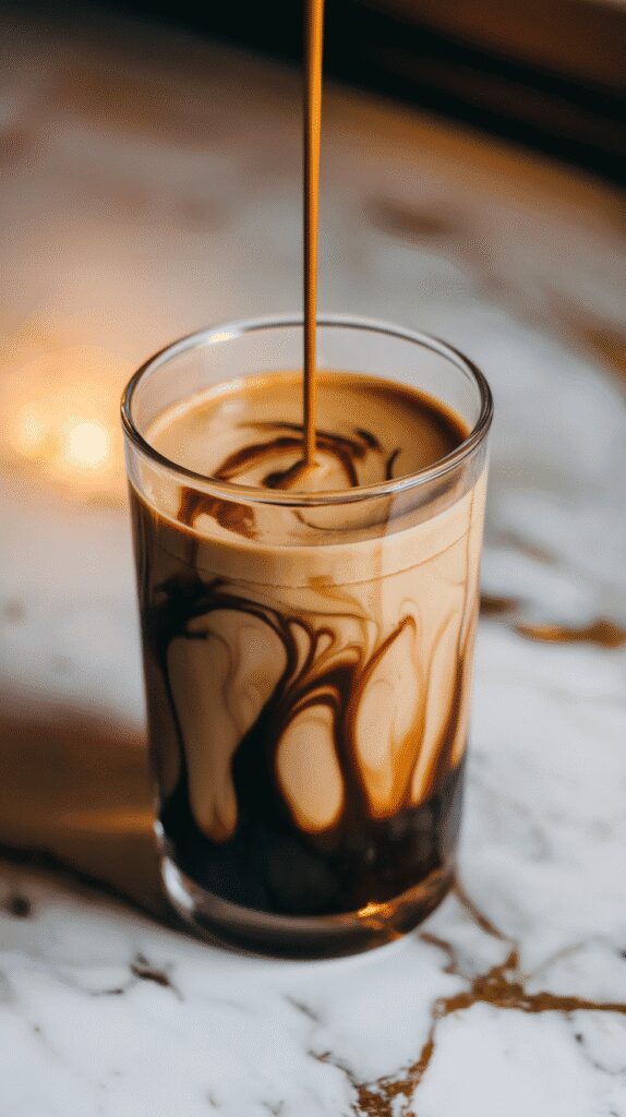  tall glass with cooled coffee being stirred together with cinnamon-brown sugar syrup, dark and caramel colors swirling