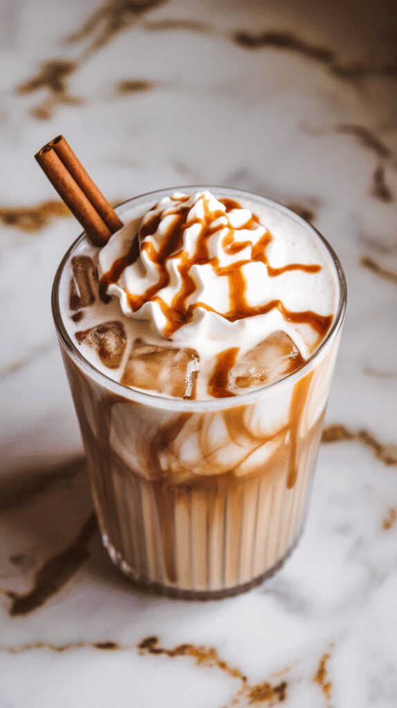 a tall glass filled with iced cinnamon roll latte, topped with whipped cream and dusted cinnamon, ice cubes showing through the drink