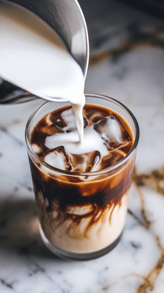 milk being poured over iced coffee in a tall glass, creamy white mixing into dark coffee with ice cubes visible