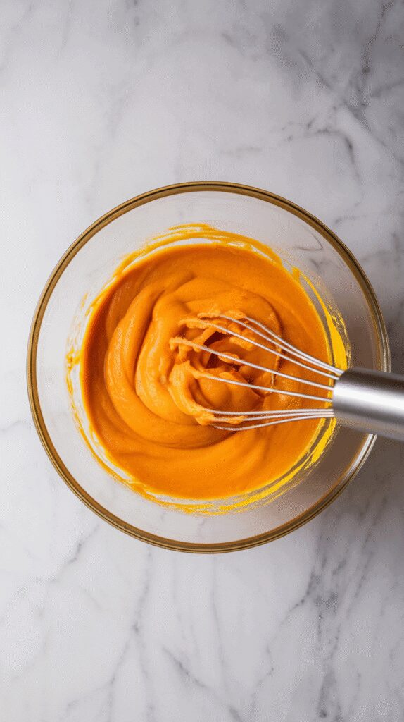 pumpkin puree, eggs, vegetable oil, orange juice, orange zest, and milk being whisked into a smooth, creamy mixture in a glass bowl