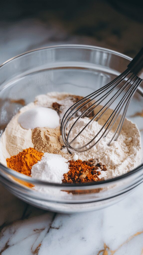  flour, sugars, baking soda, baking powder, salt, and spices being whisked together in a large glass mixing bowl, on a white marble counter with hints of gold