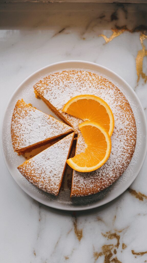 sliced orange pumpkin spice cake on a white plate, dusted with powdered sugar and garnished with an orange twist