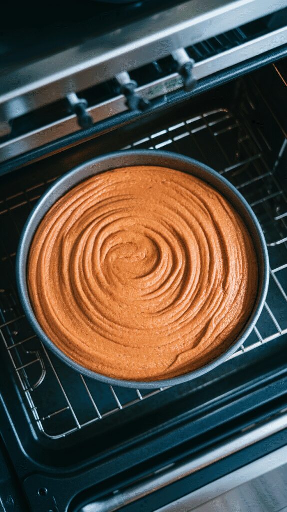 he cake baking inside a modern stainless steel double oven, golden edges forming while center rises