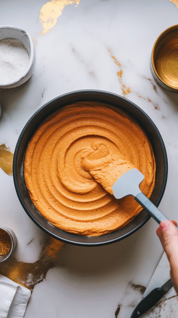 thick orange cake batter being spread evenly in a greased cake pan, ready for baking, on a white marble counter
