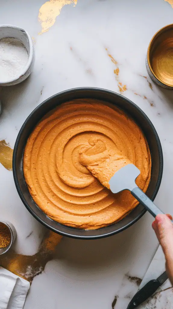  thick orange cake batter being spread evenly in a greased cake pan, ready for baking, on a white marble counter