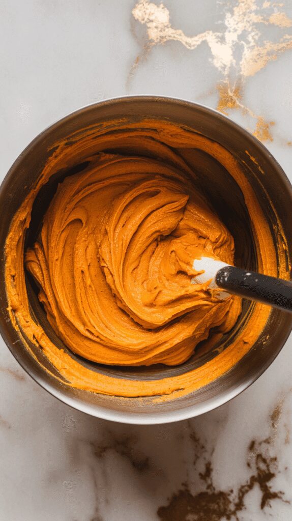 pumpkin-orange batter being gently folded together in a mixing bowl, streaks of orange still visible, on a white marble counter with hints of gold