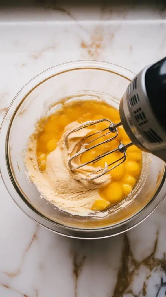 eggs and sugar in a large glass mixing bowl, midway through mixing with hand mixer beaters creating ribbons in the pale, fluffy mixture