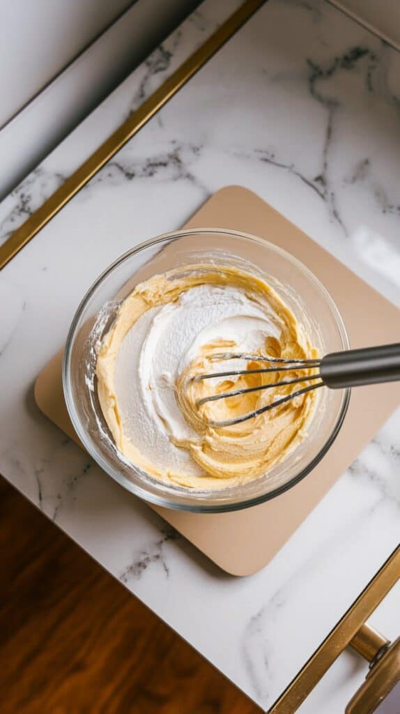 cream cheese, powdered sugar, softened butter, and vanilla extract being whipped into a creamy filling in a glass bowl