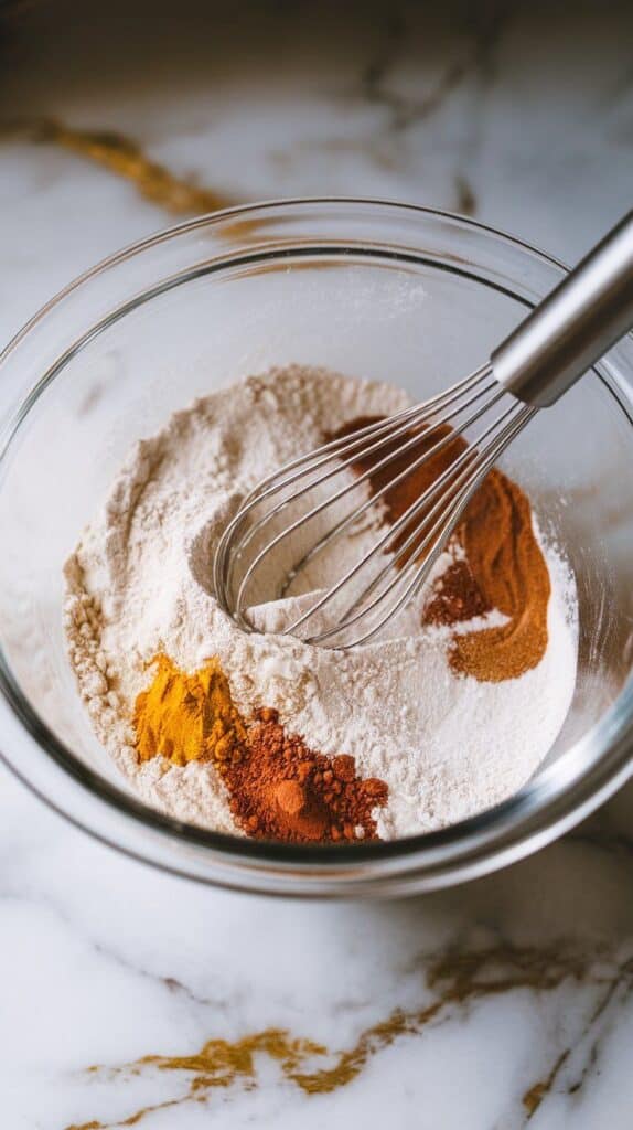 a glass mixing bowl containing flour, baking powder, baking soda, cinnamon, ginger, nutmeg, and salt just whisked together, whisk resting inside