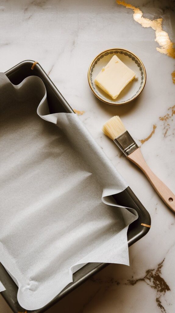 a parchment-lined jelly roll pan with edges neatly folded, a small dish of butter and brush nearby