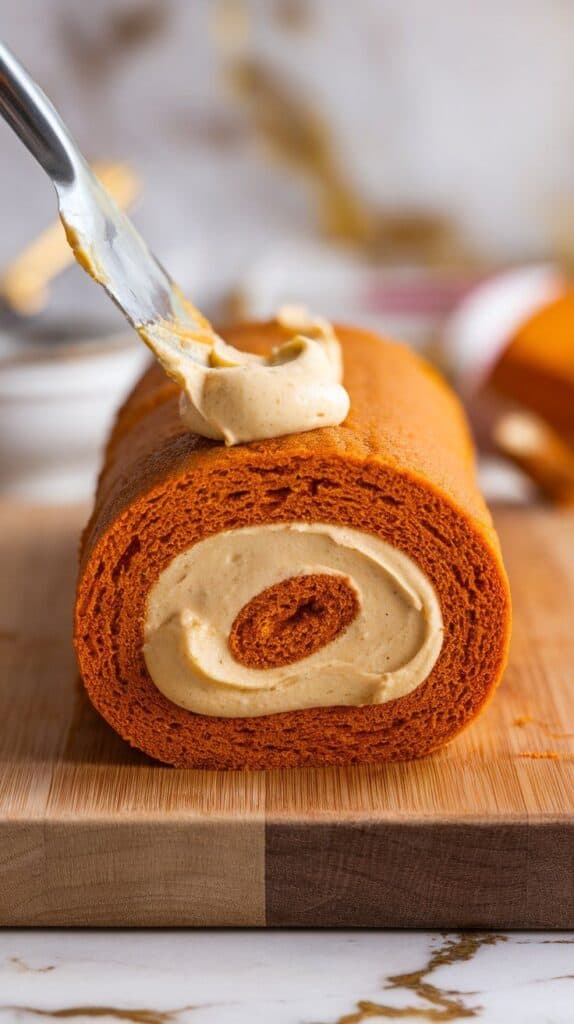 pumpkin sponge unrolled with creamy filling being spread evenly, offset spatula in motion