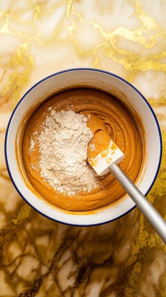 the pumpkin batter with dry flour mixture partially folded in, spatula halfway through mixing