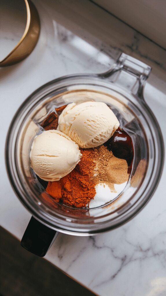 vanilla ice cream scoops, chilled coffee, molasses, brown sugar, ginger, cinnamon, and nutmeg layered inside a blender jar