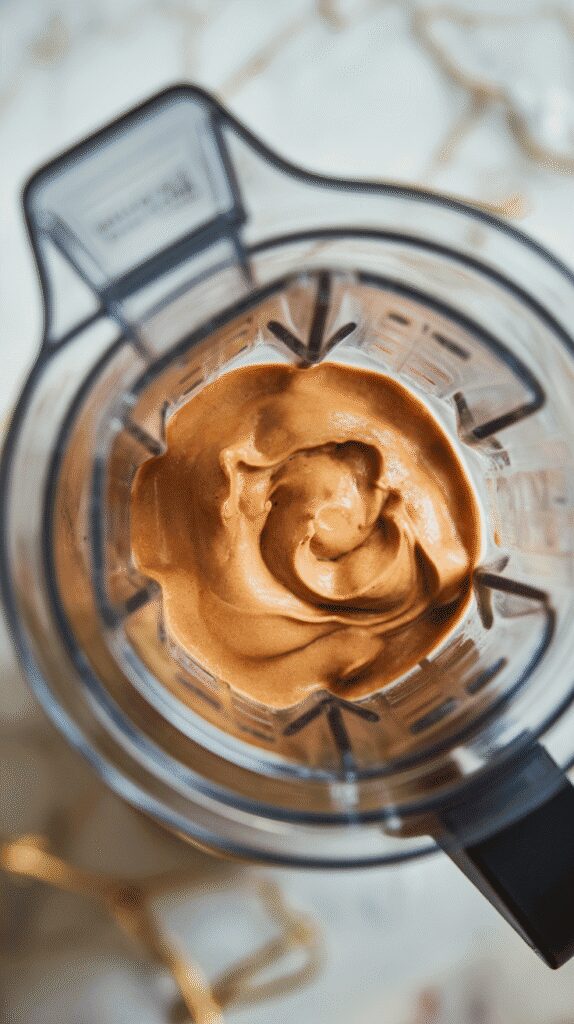 thick gingerbread coffee shake swirling inside a blender, smooth creamy texture forming, on a white marble counter with hints of gold