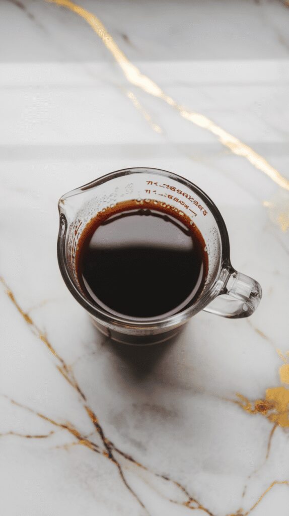 a glass measuring cup filled with chilled brewed coffee, condensation forming on the outside, on a white marble counter with hints of gold