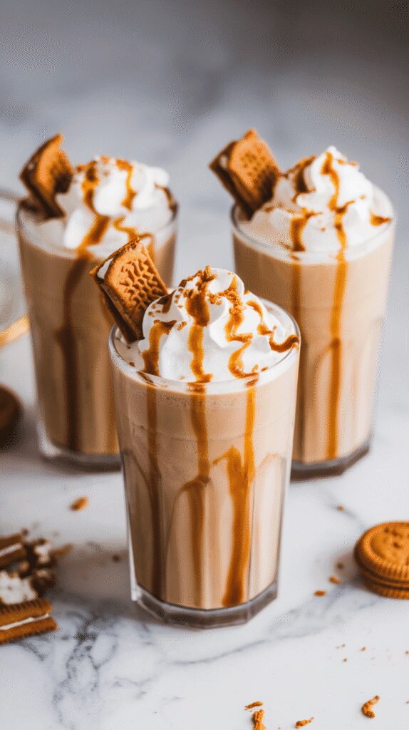 finished gingerbread coffee shakes in tall glasses, topped with whipped cream, crushed cookies, and molasses drizzle, on a white marble counter with hints of gold