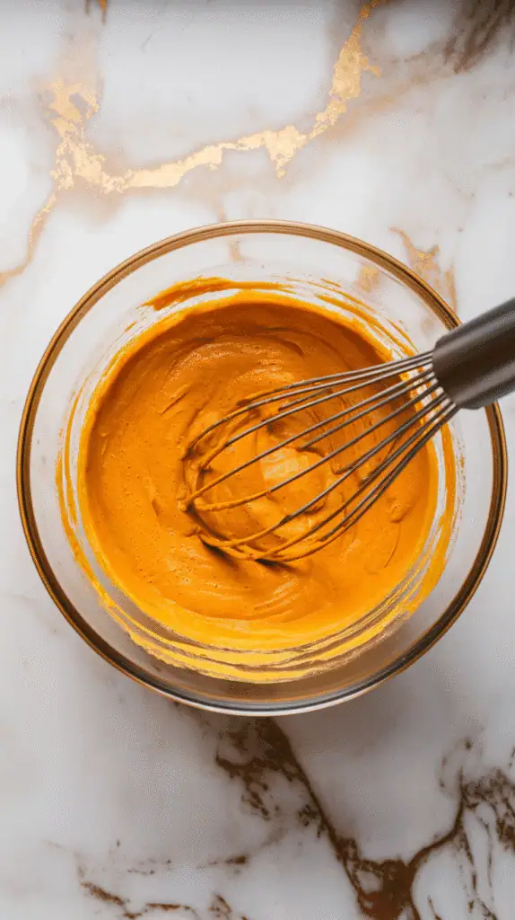 pumpkin puree, eggs, maple syrup, melted coconut oil, milk, and vanilla being whisked into a creamy orange mixture in a glass bowl