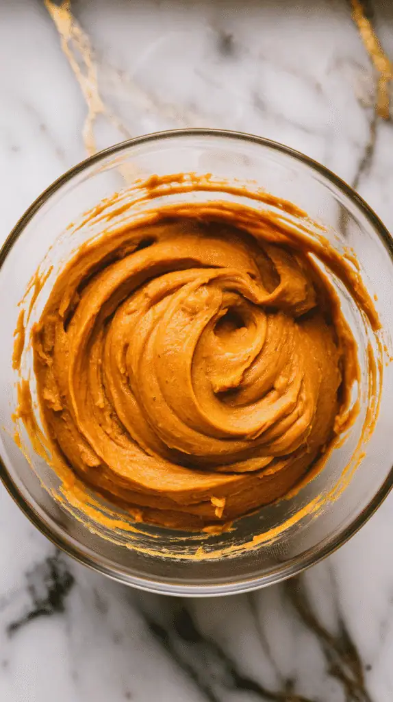hick pumpkin oat muffin batter being gently folded together in a glass bowl, streaks of orange still visible