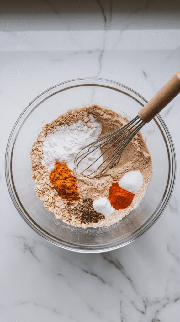 oat flour, baking soda, baking powder, salt, and spices being whisked together in a glass mixing bowl, on a white marble counter with hints of gold