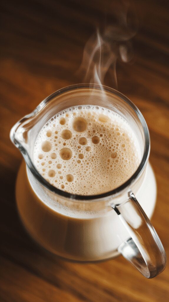  hot milk being frothed into thick foam with visible bubbles forming, in a glass frothing pitcher, on a modern stainless steel gas stove