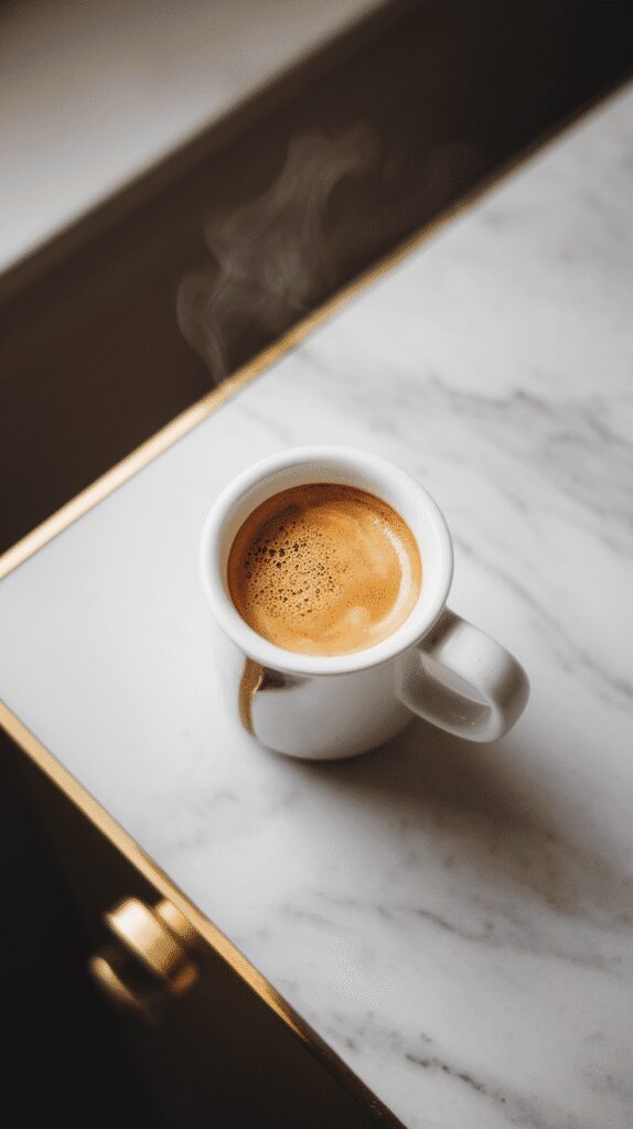 freshly brewed espresso with golden crema in a white ceramic mug, steam rising, on a white marble counter with hints of gold