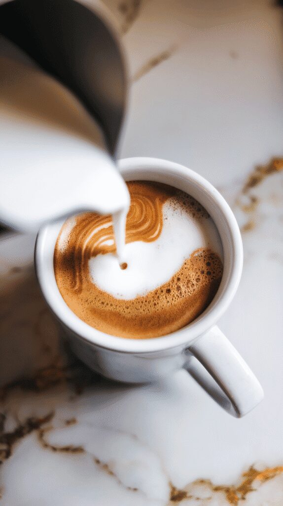 silky steamed milk being poured into espresso, layers forming with foam topping the drink, in a white mug