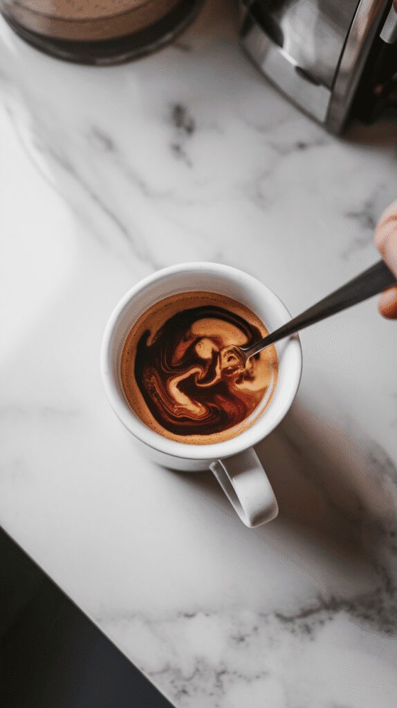 maple syrup and hazelnut extract being stirred into espresso, dark liquid swirling with amber tones, in a white mug, on a white marble counter with hints of gold