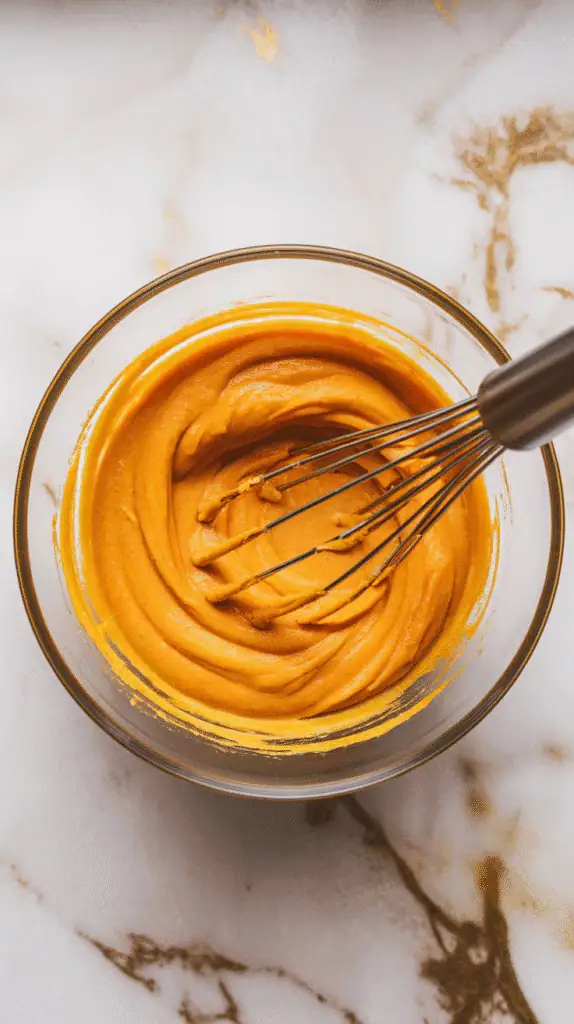 pumpkin puree, erythritol, eggs, melted coconut oil, and vanilla whisked into a smooth orange mixture in a glass bowl