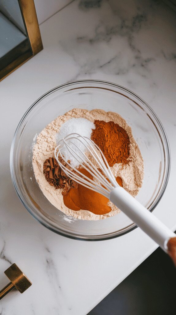 almond flour, baking powder, baking soda, salt, pumpkin spice, and cinnamon being whisked together in a glass bowl