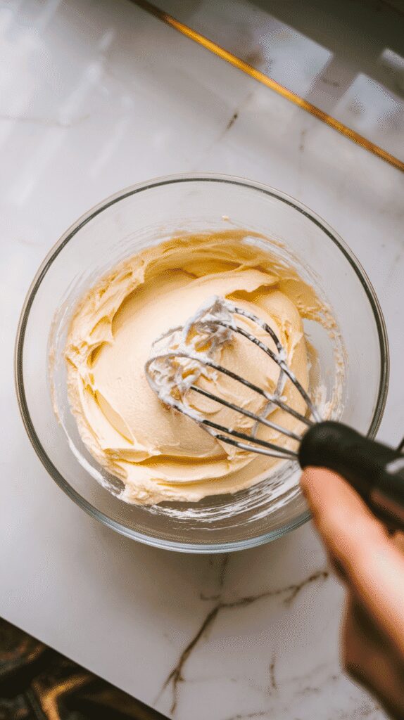 cream cheese, powdered erythritol, and vanilla being beaten into a smooth creamy filling in a glass bowl