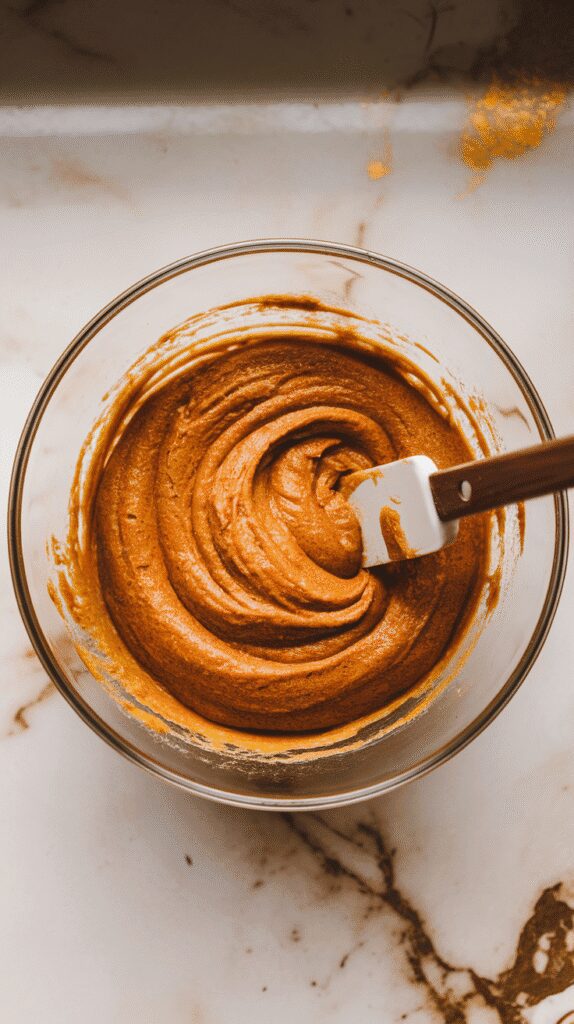  thick pumpkin almond flour batter being folded together in a glass mixing bowl, smooth and slightly grainy from almond flour