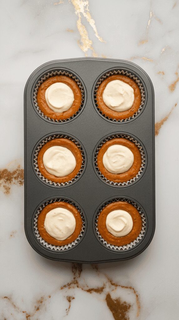 muffin tin with pumpkin batter layered with cream cheese filling in the center, ready to be topped with more batter