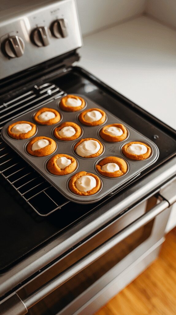 keto pumpkin muffins fresh out of the oven in a muffin tin, golden-brown tops slightly cracked, on a modern stainless steel double oven