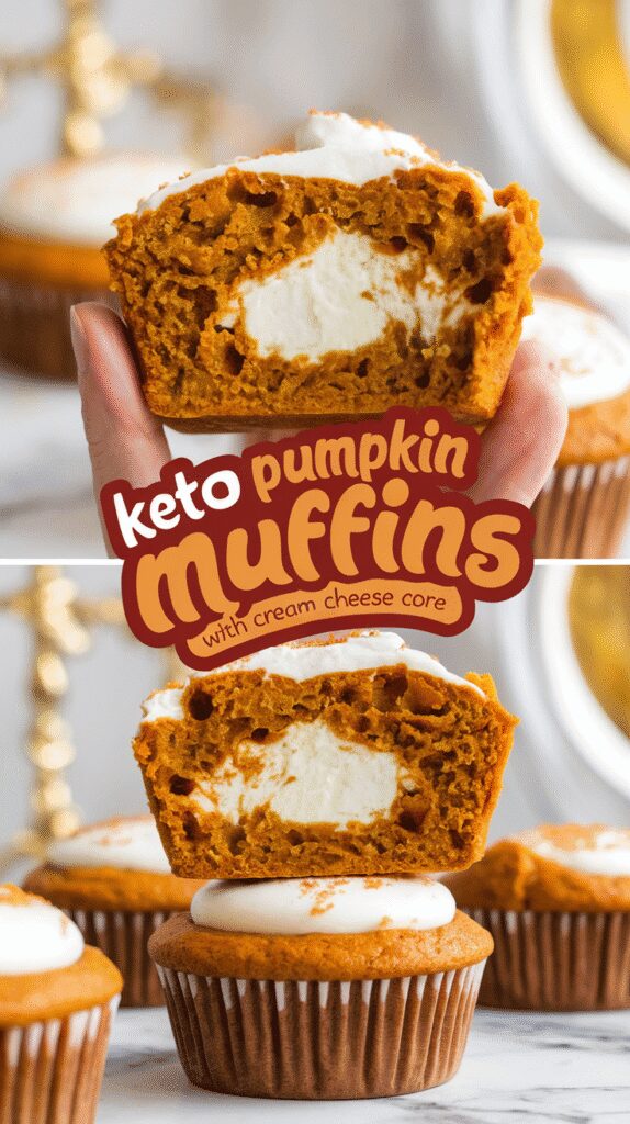 Ultra close-up of keto pumpkin muffins cut open to reveal creamy cream cheese core inside, golden-brown muffin tops dusted lightly with cinnamon, muffins on a white plate with a few crumbs scattered, on a white marble counter with hints of gold, all-natural lighting, taken with an iPhone 15 Pro, top-down shot used by recipe bloggers.