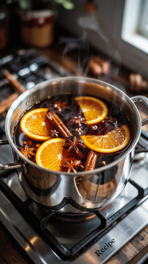 the pot of mulled coffee punch gently steaming, orange slices and spices floating on the surface, on a modern stainless steel gas stove