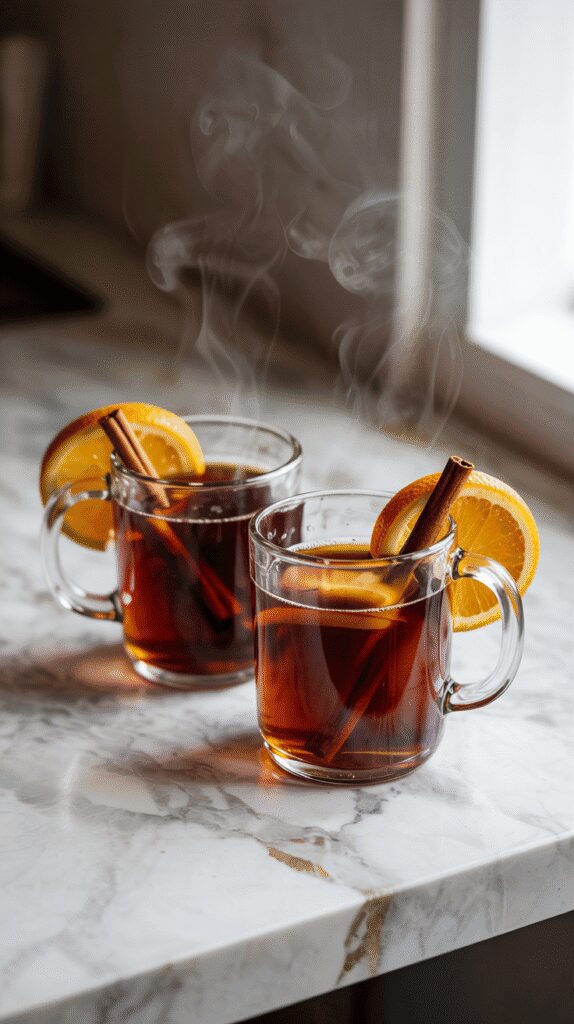 clear glass mugs filled with steaming mulled coffee punch, garnished with cinnamon sticks and orange slices, rich color with steam rising