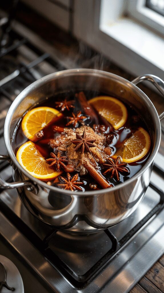 a pot filled with dark coffee, apple cider, orange slices, brown sugar, cloves, cinnamon sticks, star anise, and nutmeg floating on top