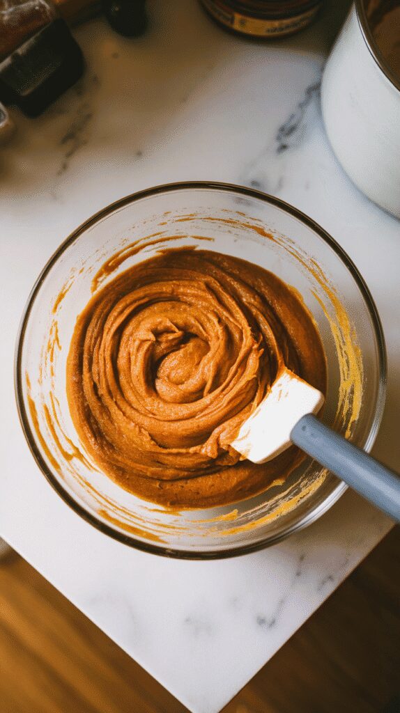 pumpkin muffin batter being gently folded together with a spatula, streaks of flour still visible, in a glass bowl