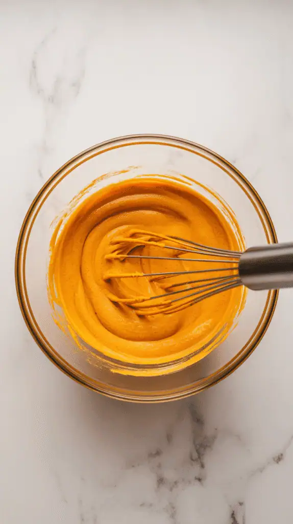 f pumpkin puree, eggs, oil, sugars, and vanilla being whisked into a smooth orange mixture in a glass bowl