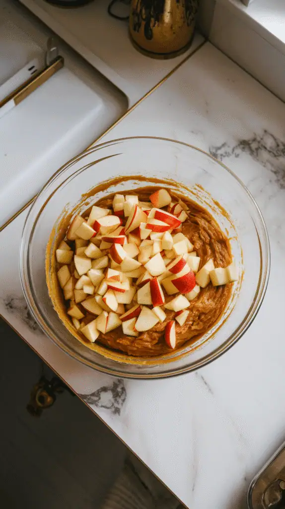 diced apples being folded into pumpkin muffin batter, chunks evenly scattered, on a white marble counter with hints of gold,