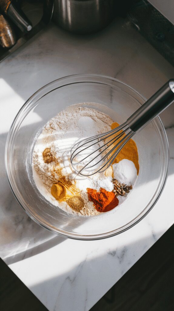 lour, baking soda, baking powder, salt, and spices being whisked together in a large glass mixing bowl, on a white marble counter with hints of gold