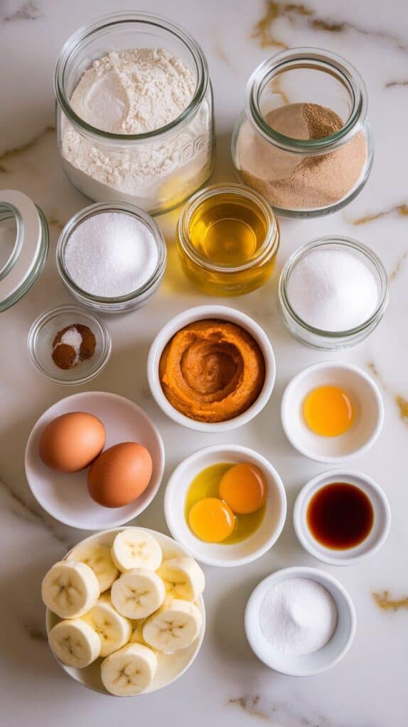 small glass jars filled with all-purpose flour, granulated sugar, brown sugar, baking soda, baking powder, cinnamon, nutmeg, and salt, a small glass jar with vegetable oil, a small white bowl of pumpkin purée, a small white plate with two cracked eggs and a separate yolk, a small white plate with mashed ripe bananas, and a small white plate with vanilla extract