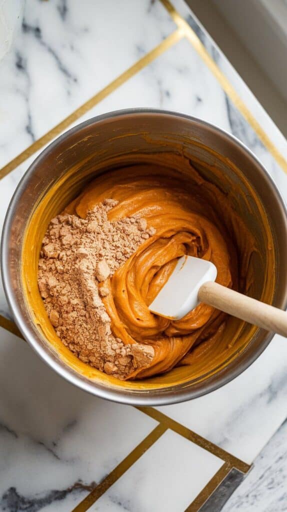  pumpkin banana batter in a mixing bowl with a spatula folding the dry and wet ingredients together