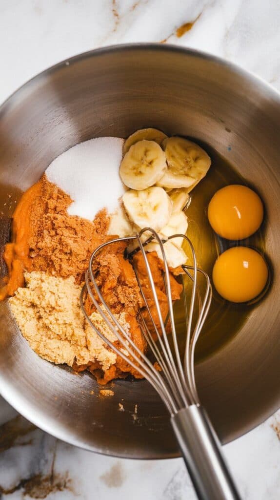 a mixing bowl containing pumpkin purée, mashed bananas, two cracked eggs, vegetable oil, granulated sugar, brown sugar, and vanilla extract, partially whisked together